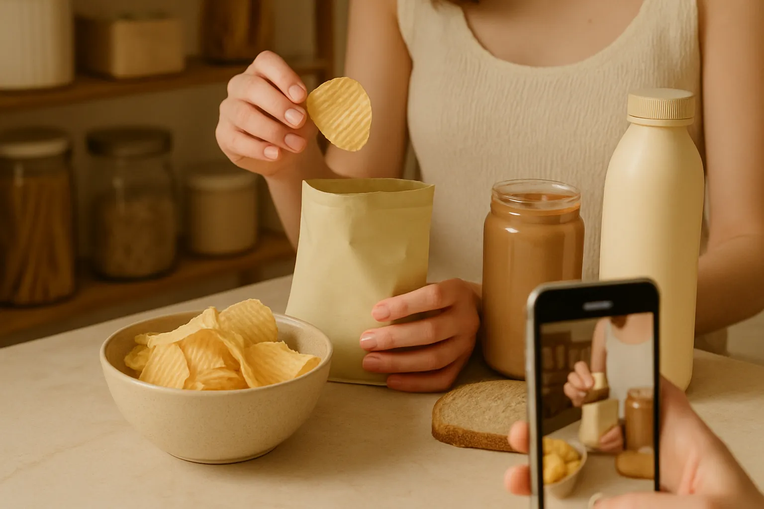 A creator sits at a sunlit kitchen counter, opening a snack pouch with a bowl of pantry staples beside her.