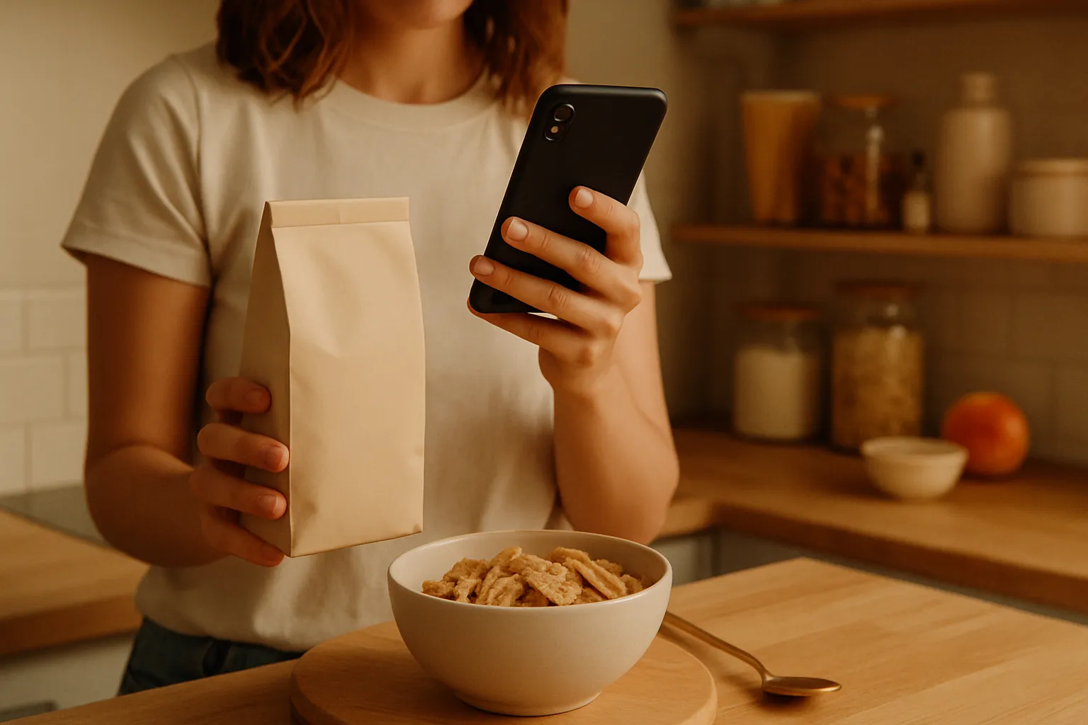 A bright kitchen counter scattered with snack pouches, a poured cereal bowl, and a phone on a small tripod mid-shot.