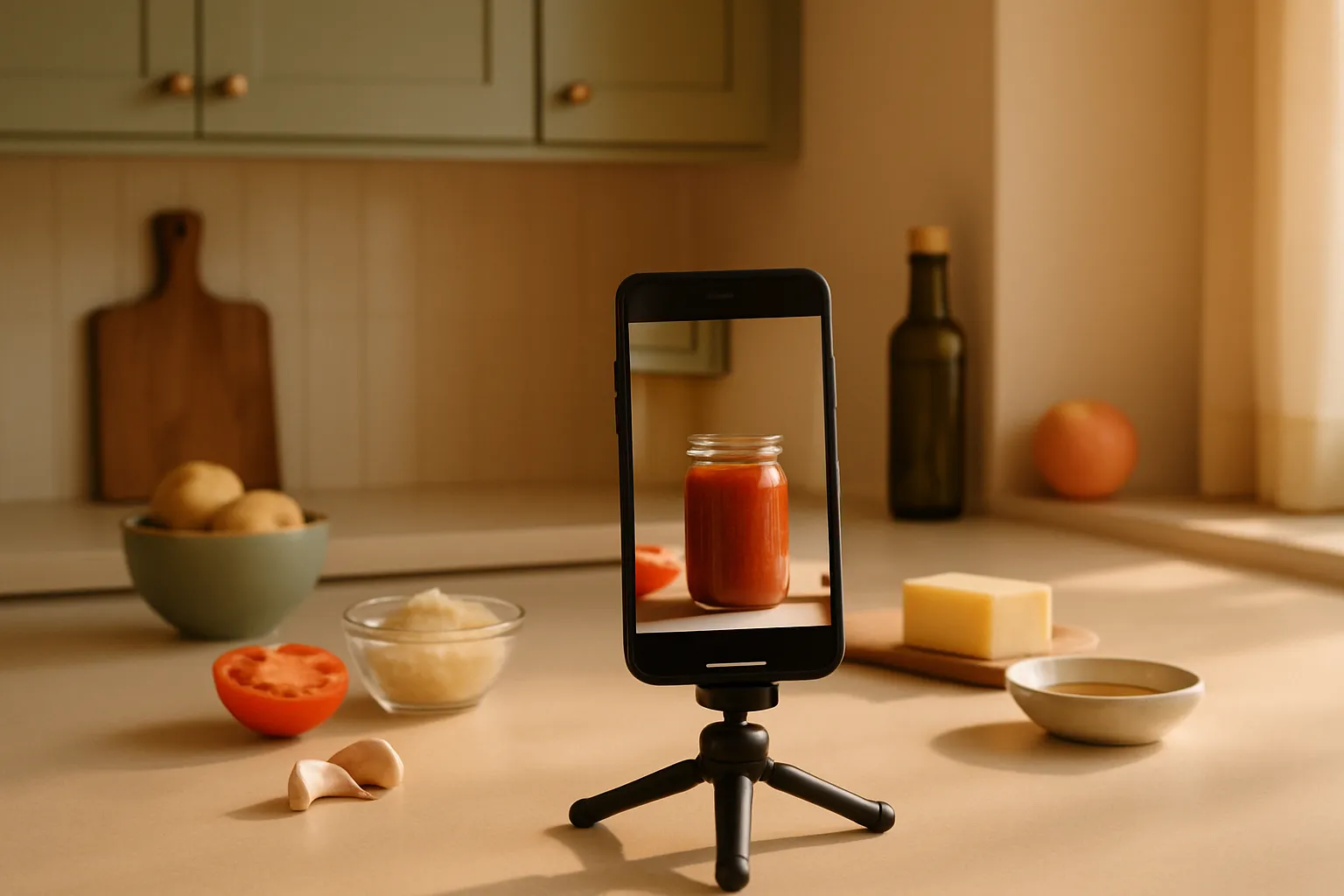 A bright kitchen counter where a creator films a jar of pasta sauce on a small phone tripod beside fresh ingredients in warm morning light.