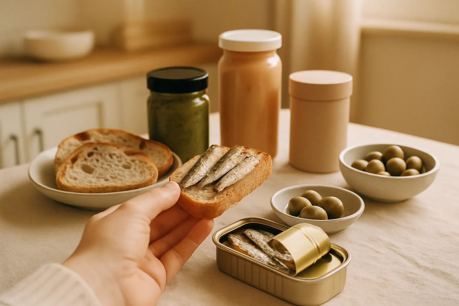 An open tin of olive-oil sardines beside crusty bread and lemon on a sunlit kitchen counter.