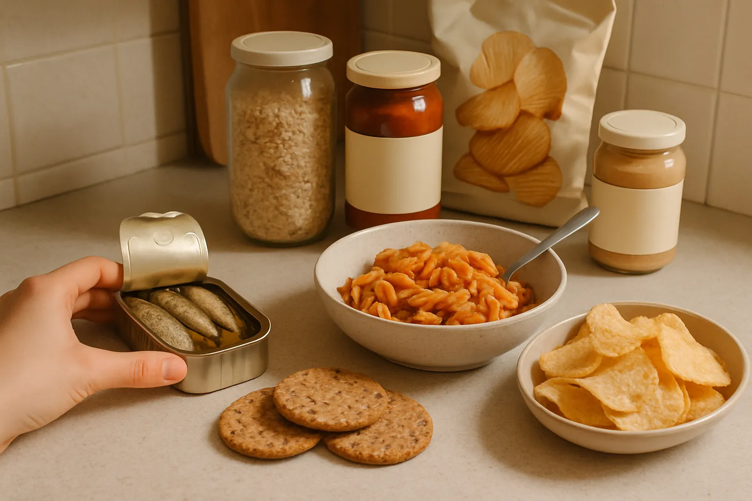 A jar of small-batch sauce open on a sunlit wooden counter beside fresh herbs and a spoon mid-stir, with a warm home kitchen softly blurred behind it.
