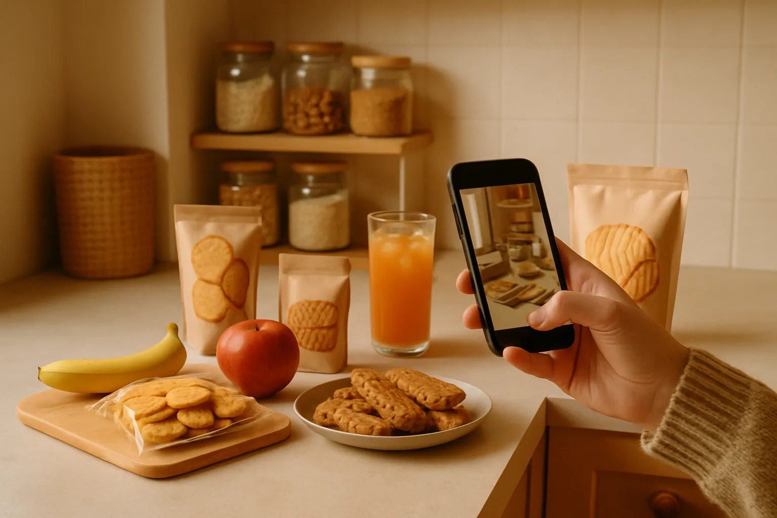 A sunlit kitchen counter where a creator styles a seasonal snack spread with fresh produce and a phone on a tripod nearby.