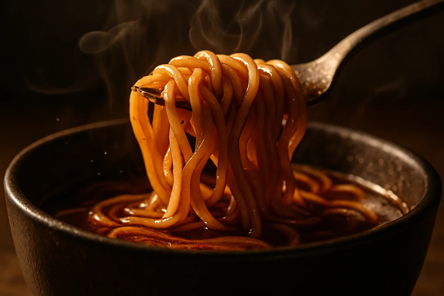 Extreme macro shot of a spoon lifting from a bowl of hot noodles, steam curling upward, glossy broth catching warm side light