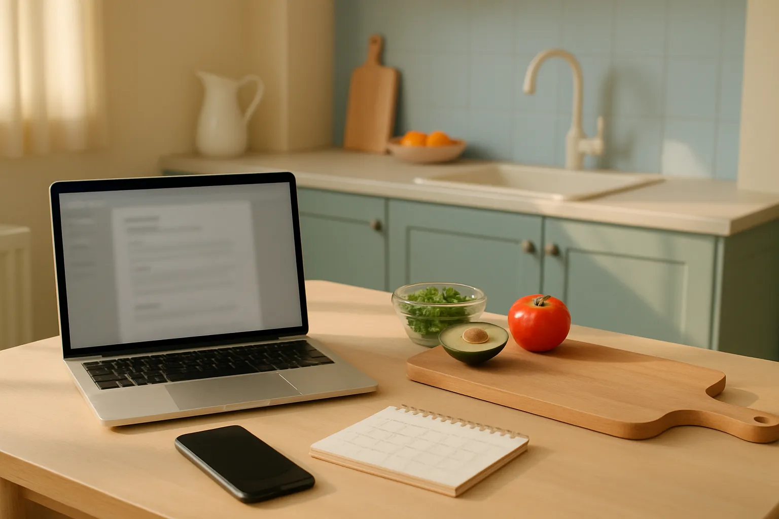 A creator workspace with a laptop, phone, brief notes, and food props for a UGC project.
