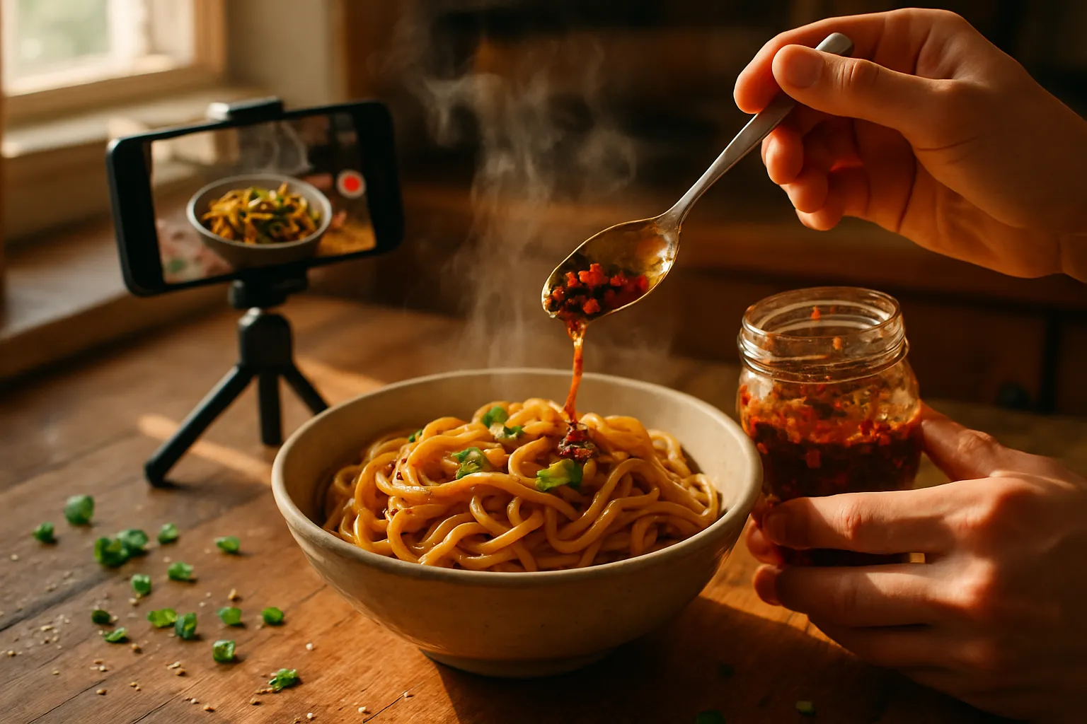 Overhead editorial food scene with a jar of chili crisp mid-pour over a bowl of noodles, a phone on a tripod filming the moment, warm daylight