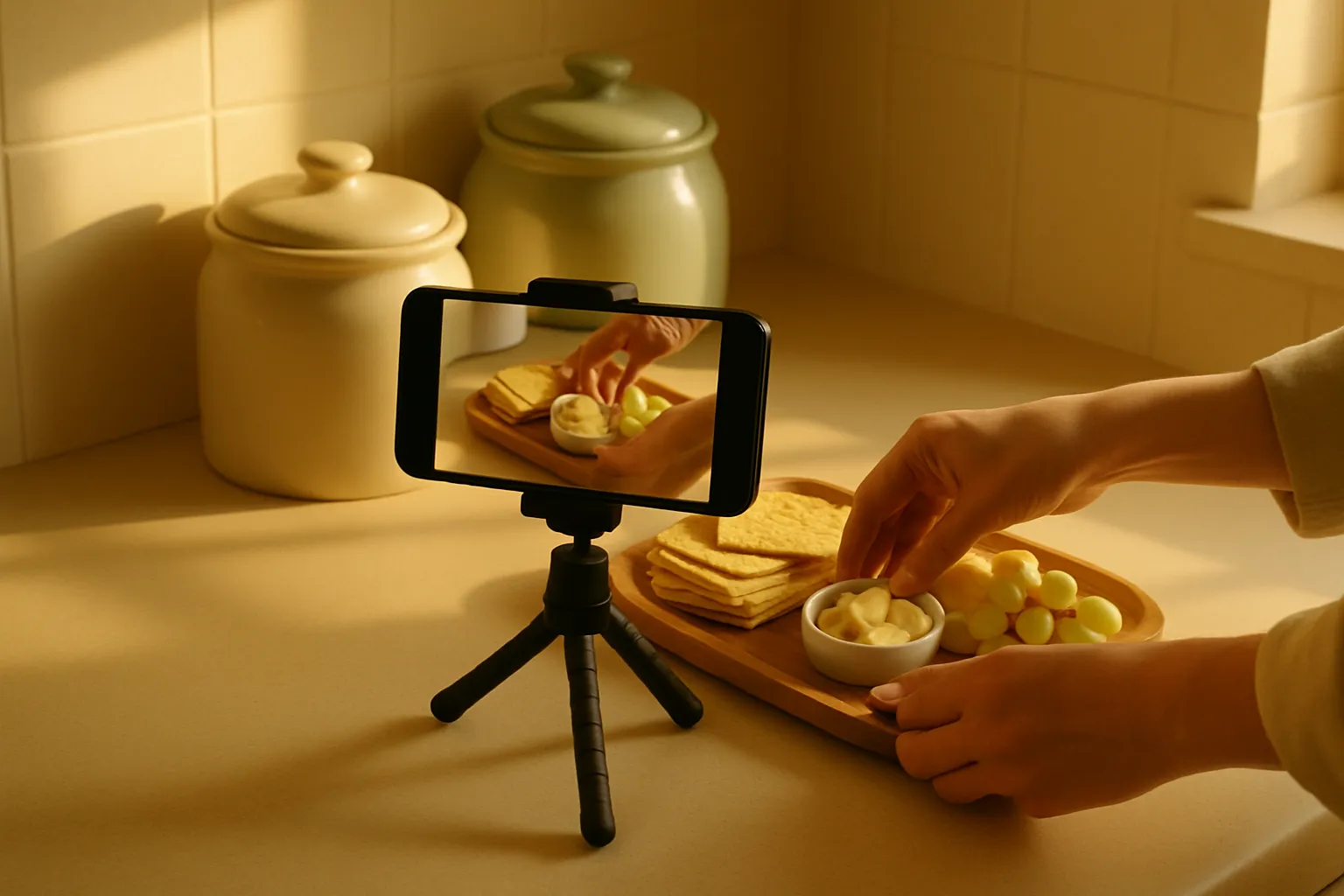 A phone filming a food creator setup on a warm kitchen counter with pantry ingredients.